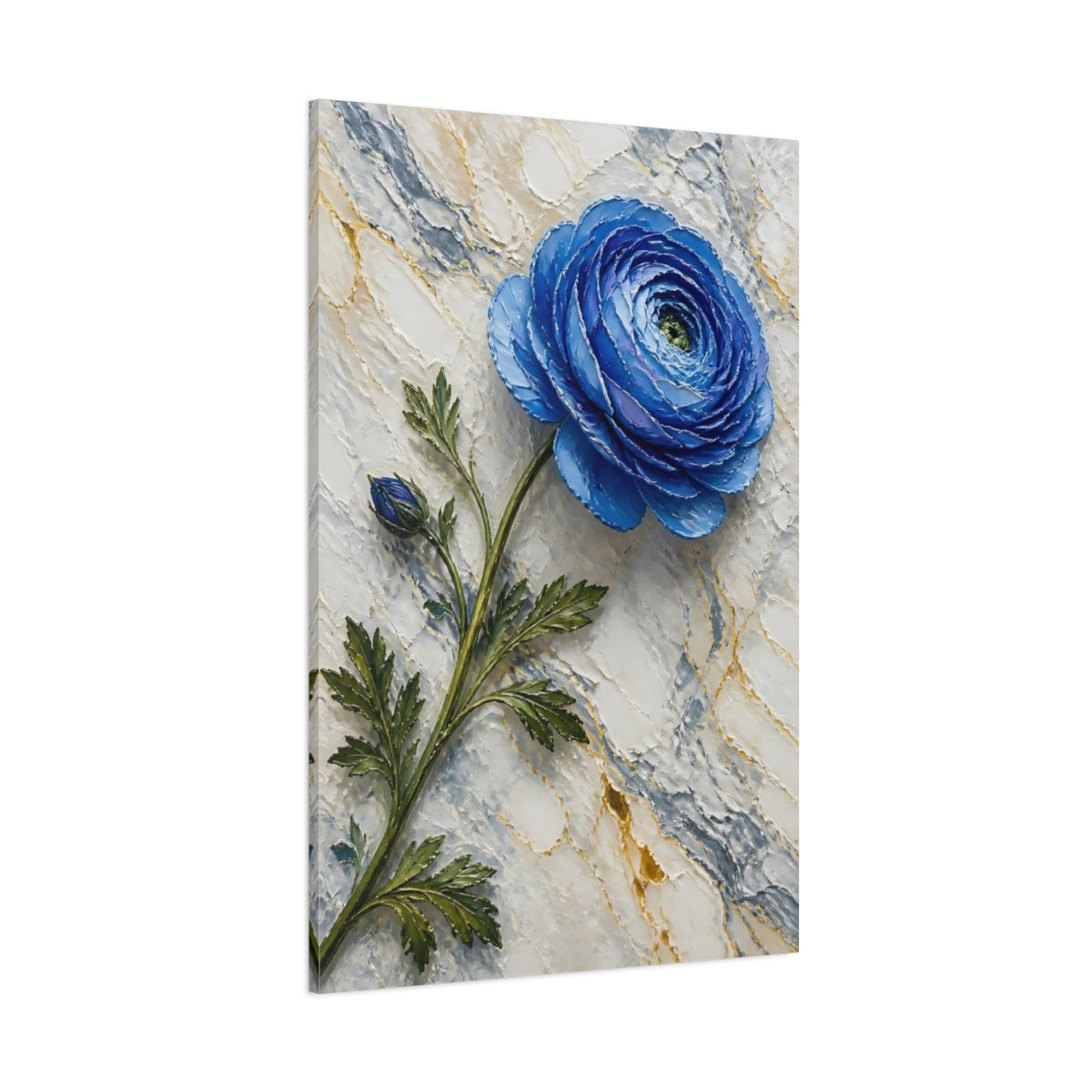 Side Mockup 1. Blue Ranunculus Floral shown as canvas print