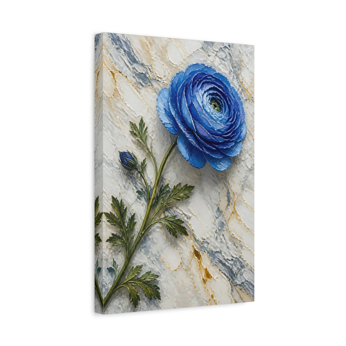 Side Mockup 4. Blue Ranunculus Floral shown as canvas print