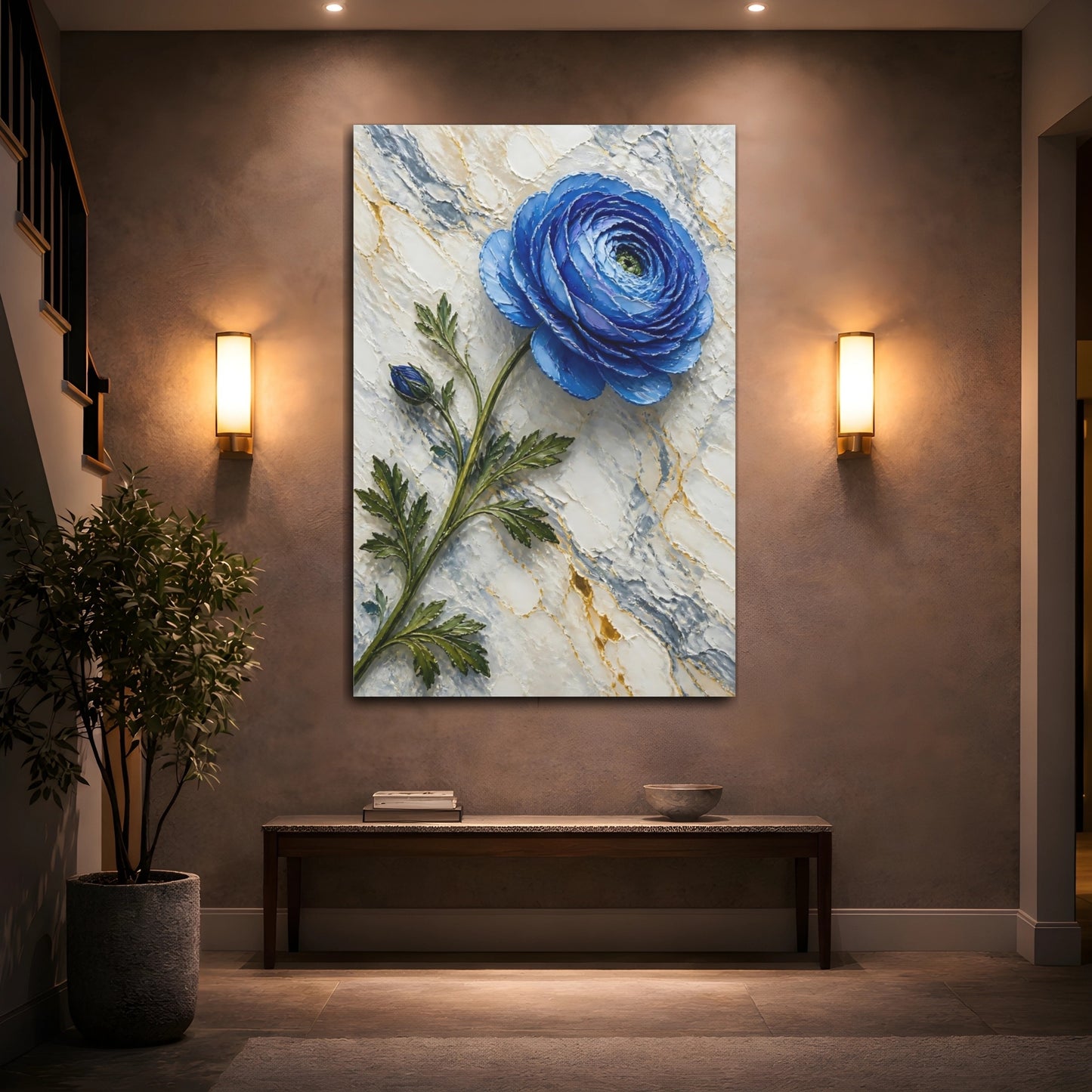Mockup 2. Blue Ranunculus Floral shown as canvas print