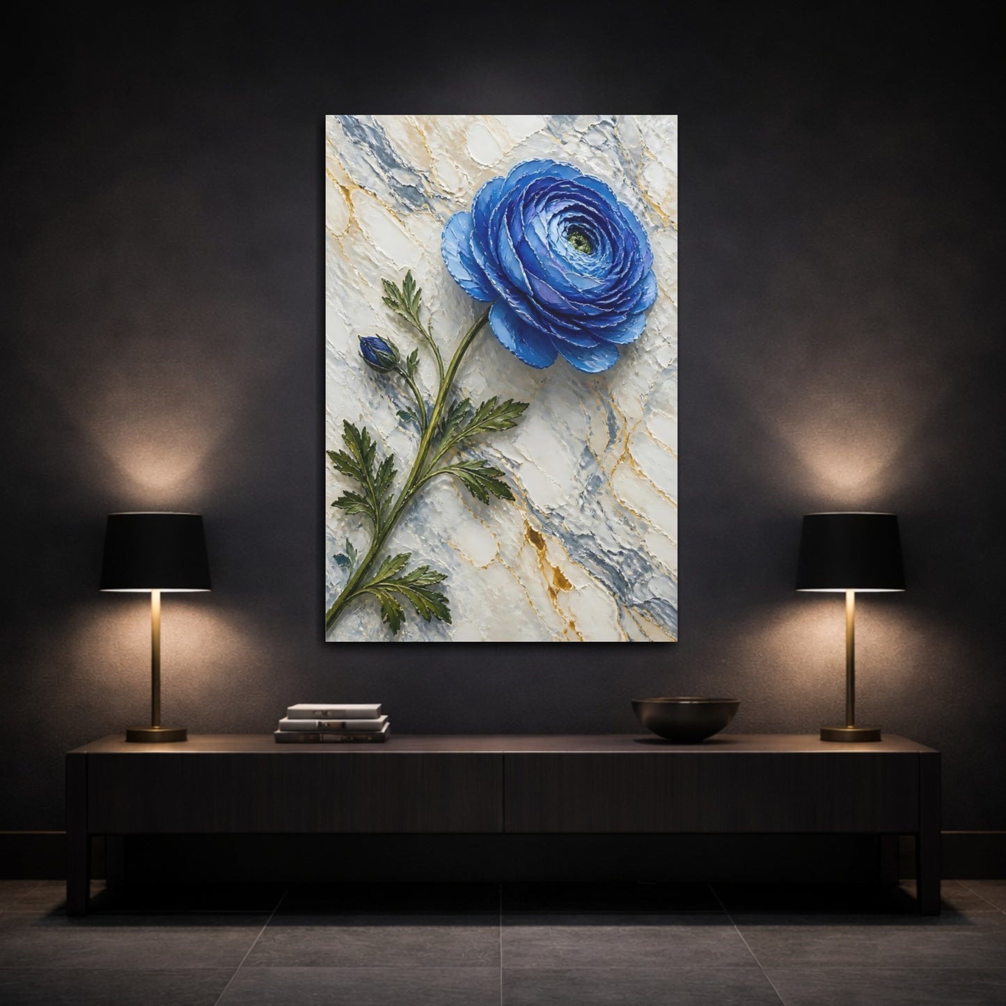 Mockup 3. Blue Ranunculus Floral shown as canvas print