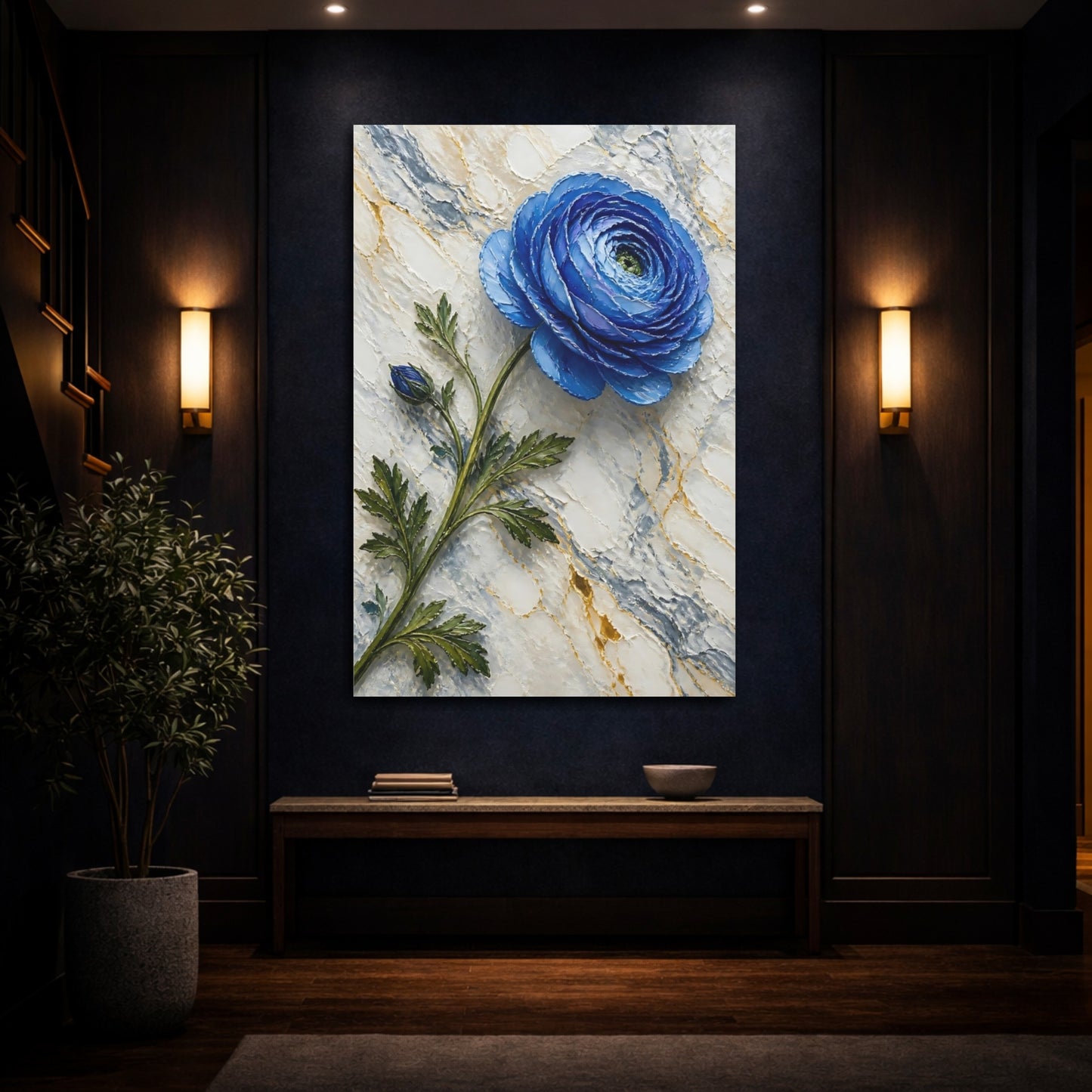 Mockup 4. Blue Ranunculus Floral shown as canvas print