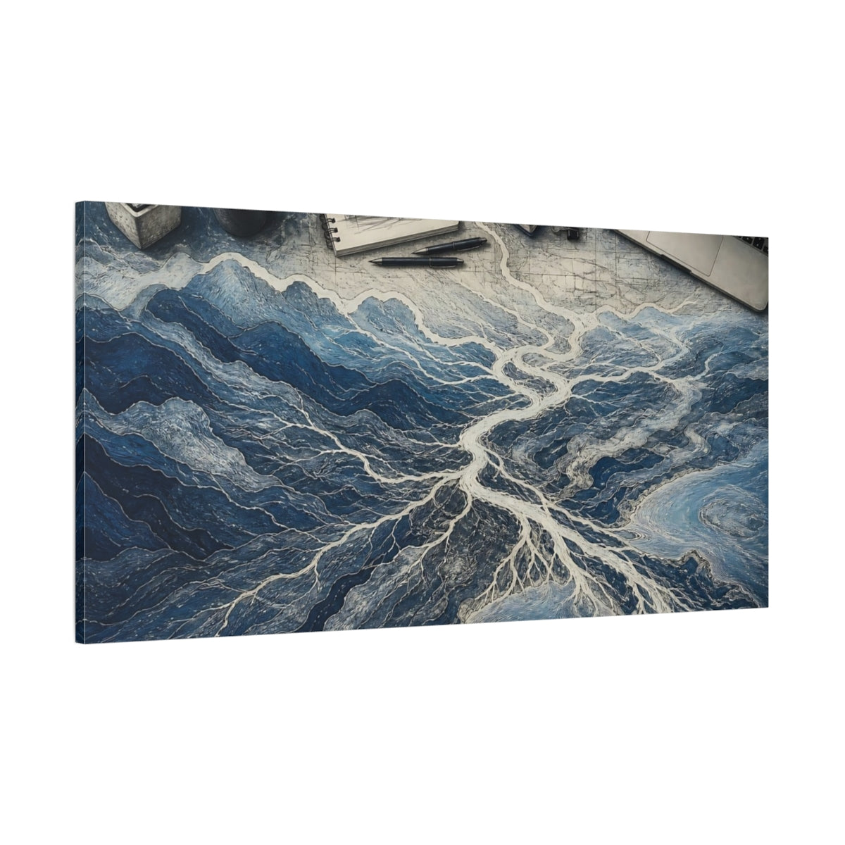 Side Mockup 2. Blue River Delta Study shown as canvas print