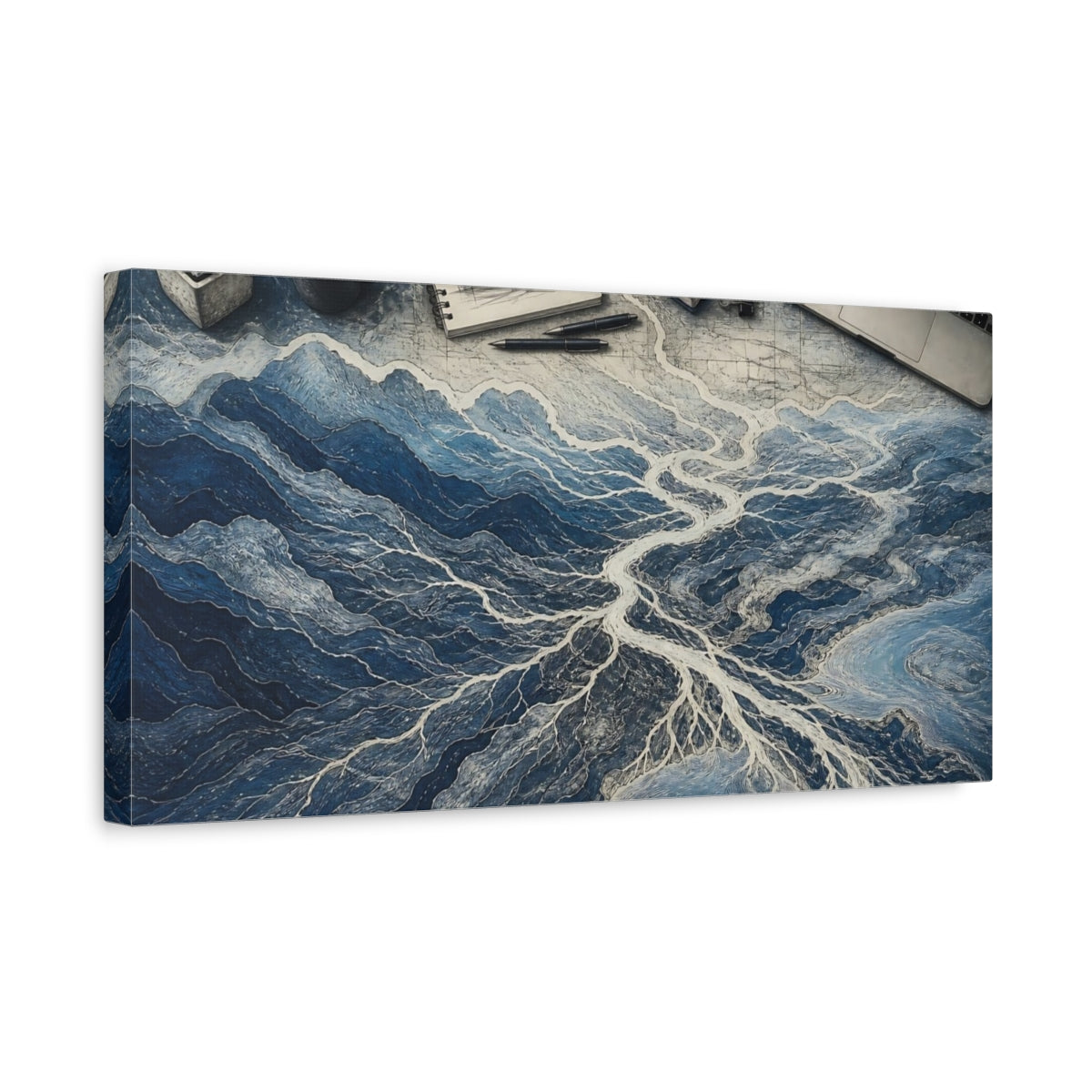 Side Mockup 3. Blue River Delta Study shown as canvas print
