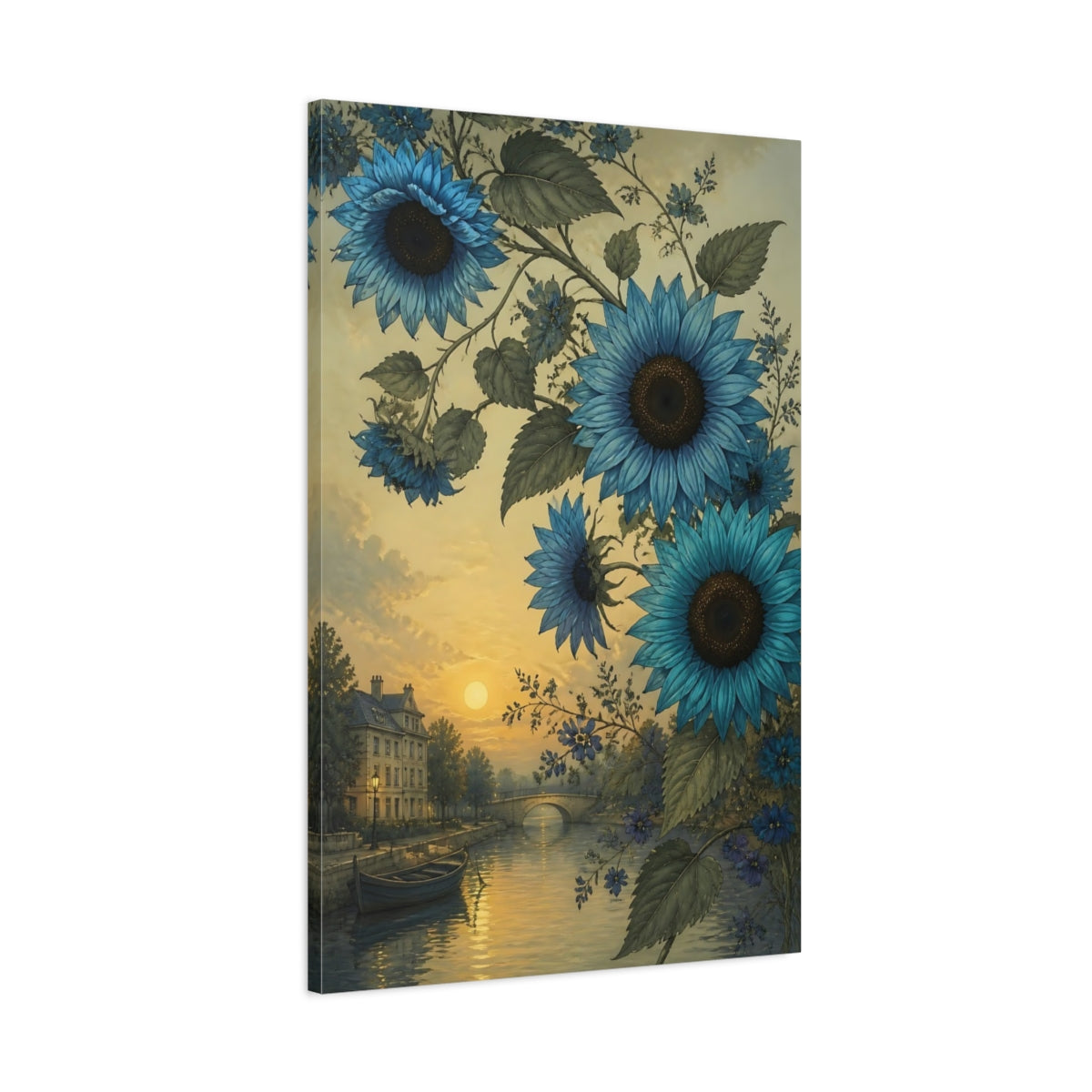 Main Mockup. Blue Sunflower River Scene shown as canvas print