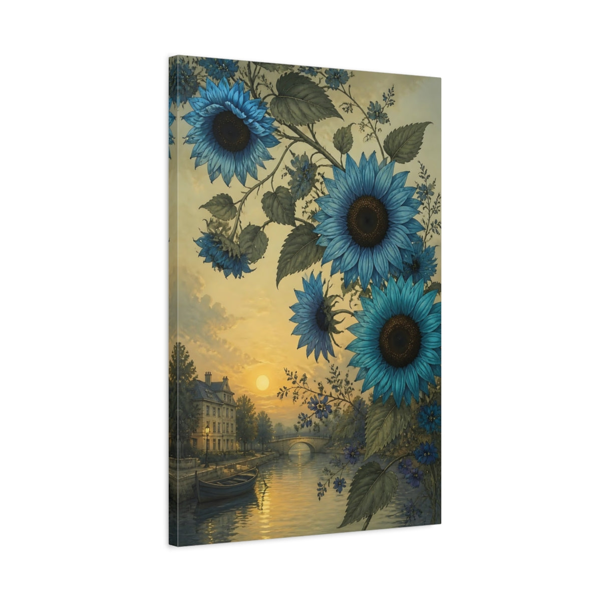 Side Mockup 2. Blue Sunflower River Scene shown as canvas print