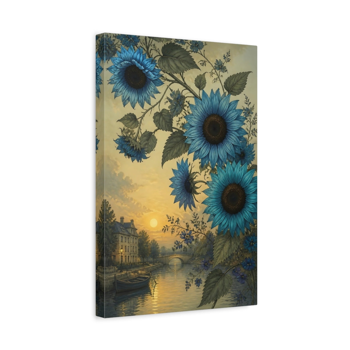 Side Mockup 4. Blue Sunflower River Scene shown as canvas print