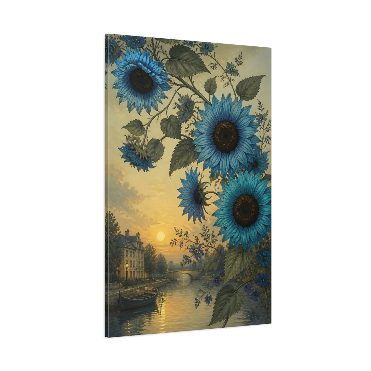Side Mockup 1. Blue Sunflower River Scene shown as canvas print