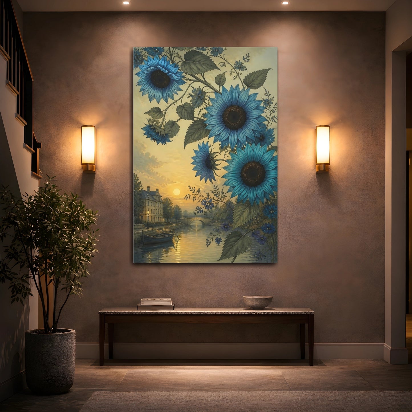 Mockup 2. Blue Sunflower River Scene shown as canvas print