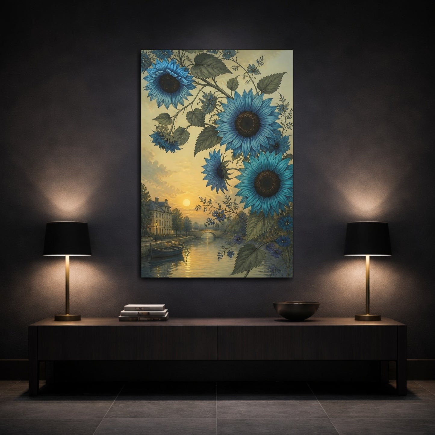 Mockup 3. Blue Sunflower River Scene shown as canvas print