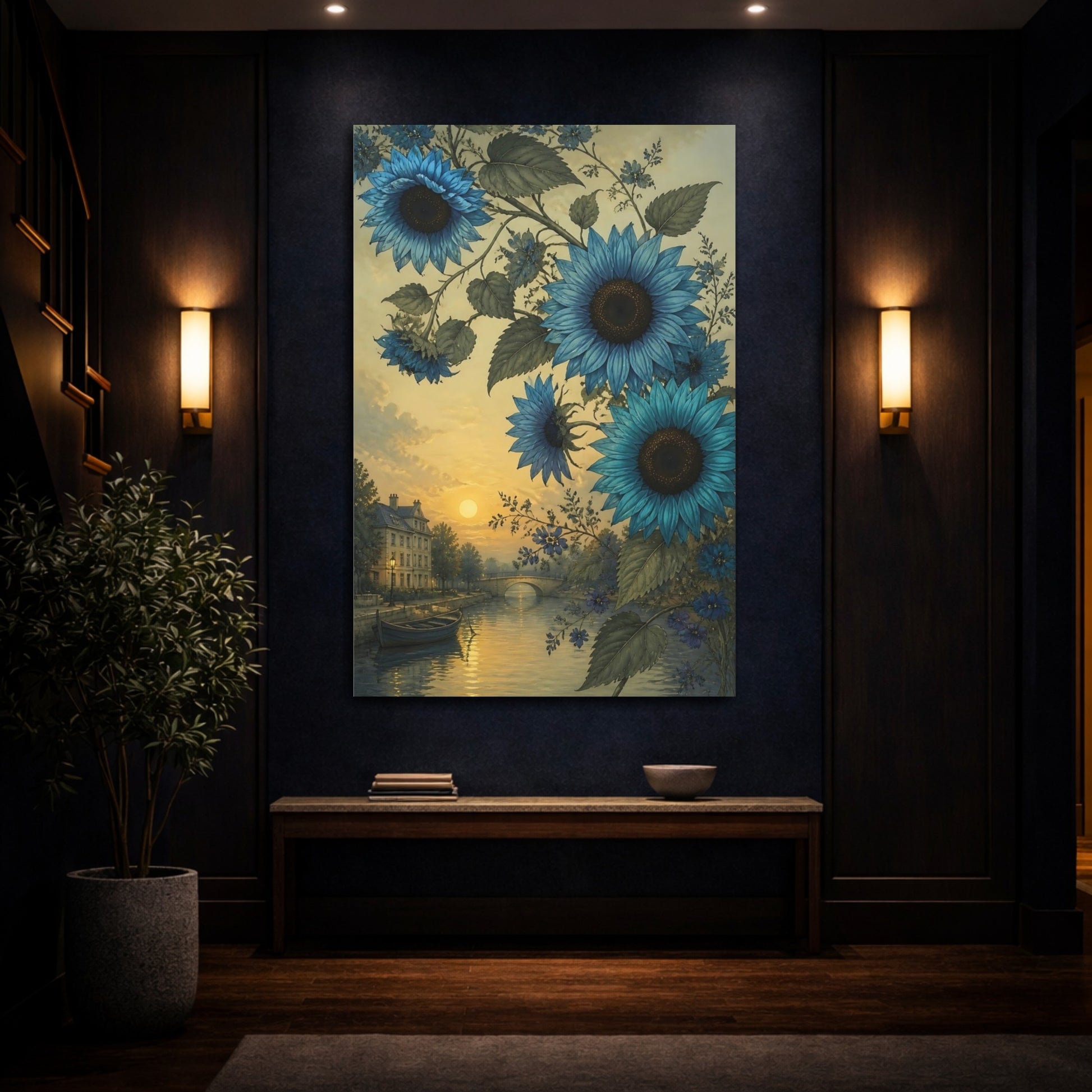 Mockup 4. Blue Sunflower River Scene shown as canvas print