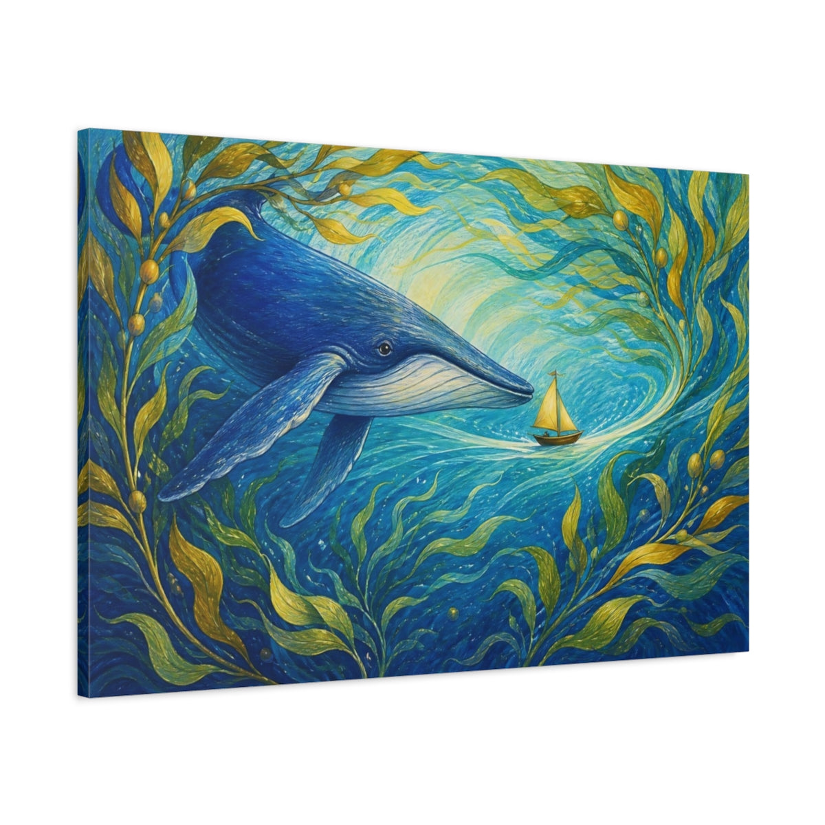 Main Mockup. Blue Whale And Sailboat shown as canvas print
