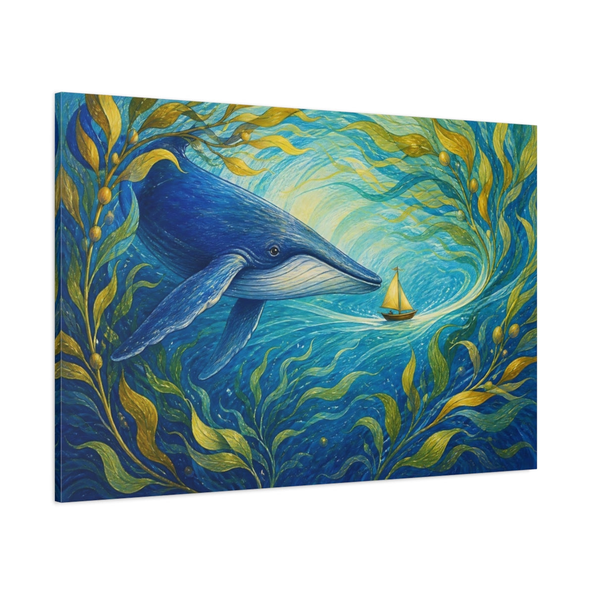 Side Mockup 1. Blue Whale And Sailboat shown as canvas print