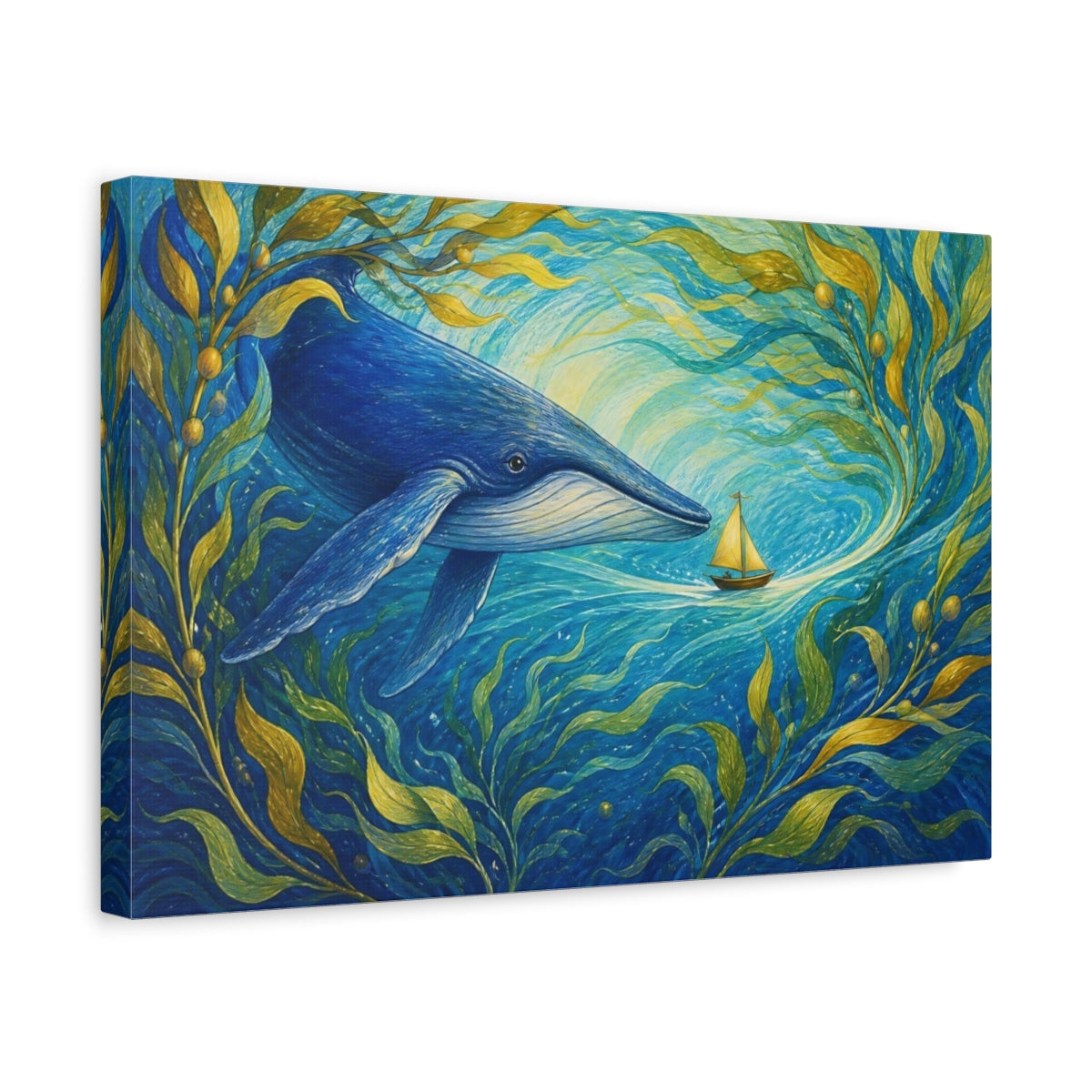 Side Mockup 4. Blue Whale And Sailboat shown as canvas print
