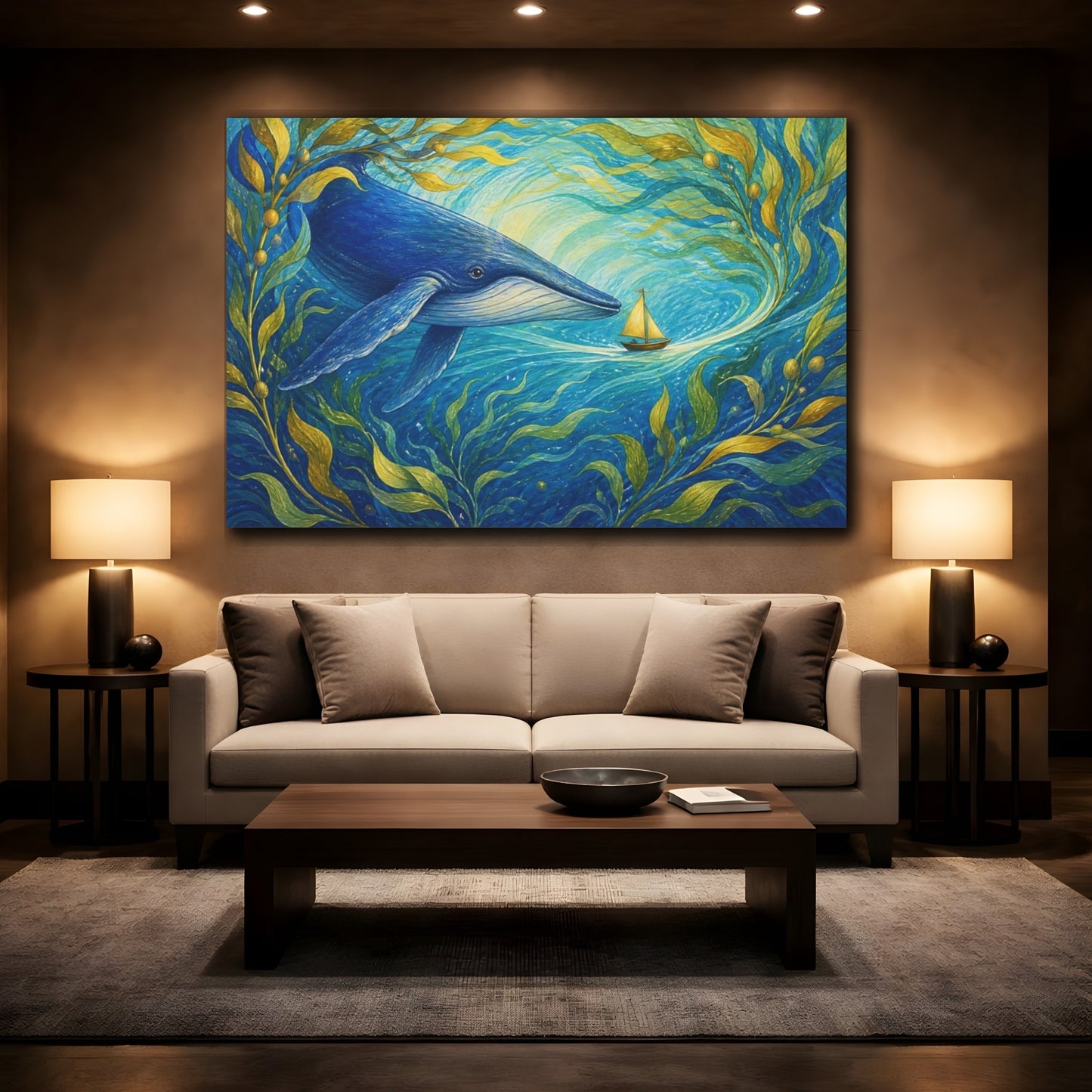 Mockup 2. Blue Whale And Sailboat shown as canvas print