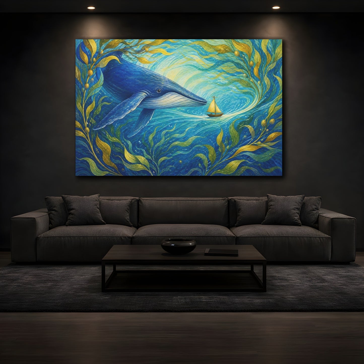 Mockup 3. Blue Whale And Sailboat shown as canvas print