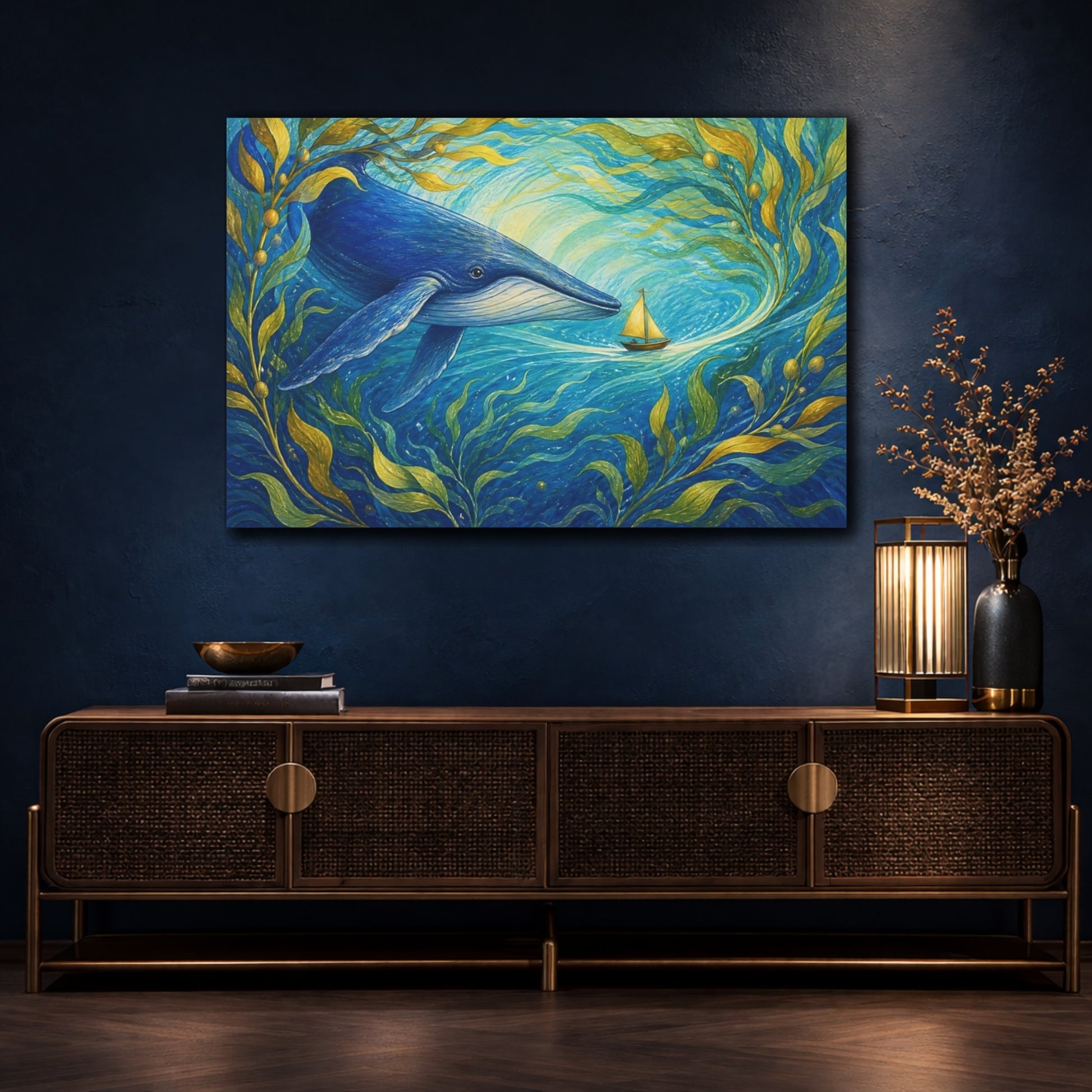 Mockup 4. Blue Whale And Sailboat shown as canvas print