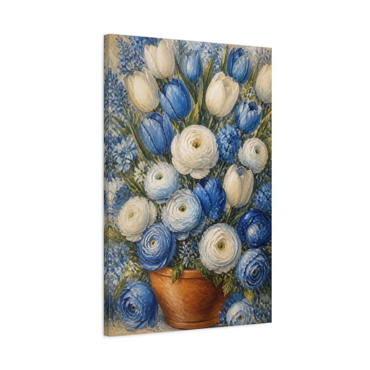 Side Mockup 2. Blue & White Flower Bouquet shown as canvas print