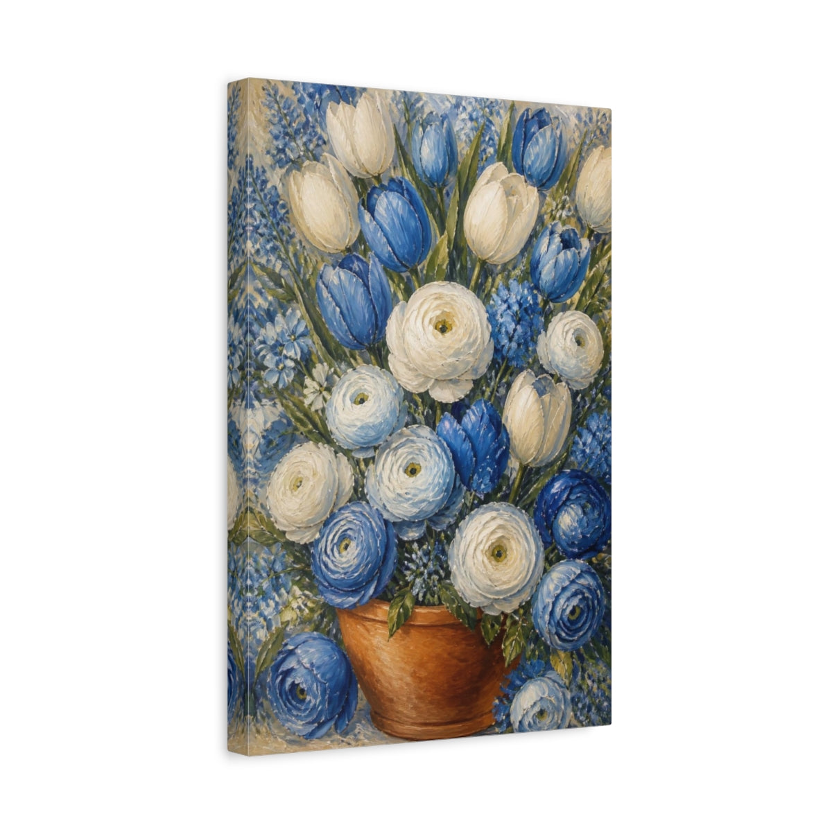 Side Mockup 4. Blue & White Flower Bouquet shown as canvas print
