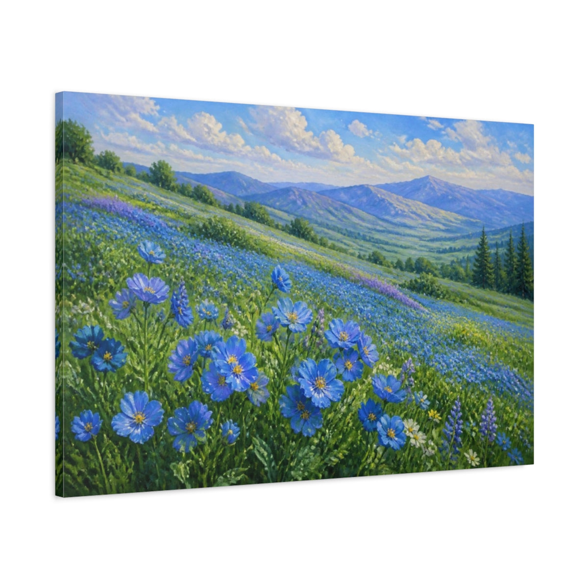 Main Mockup. Blue Wildflower Meadow shown as canvas print