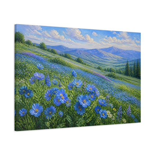 Main Mockup. Blue Wildflower Meadow shown as canvas print