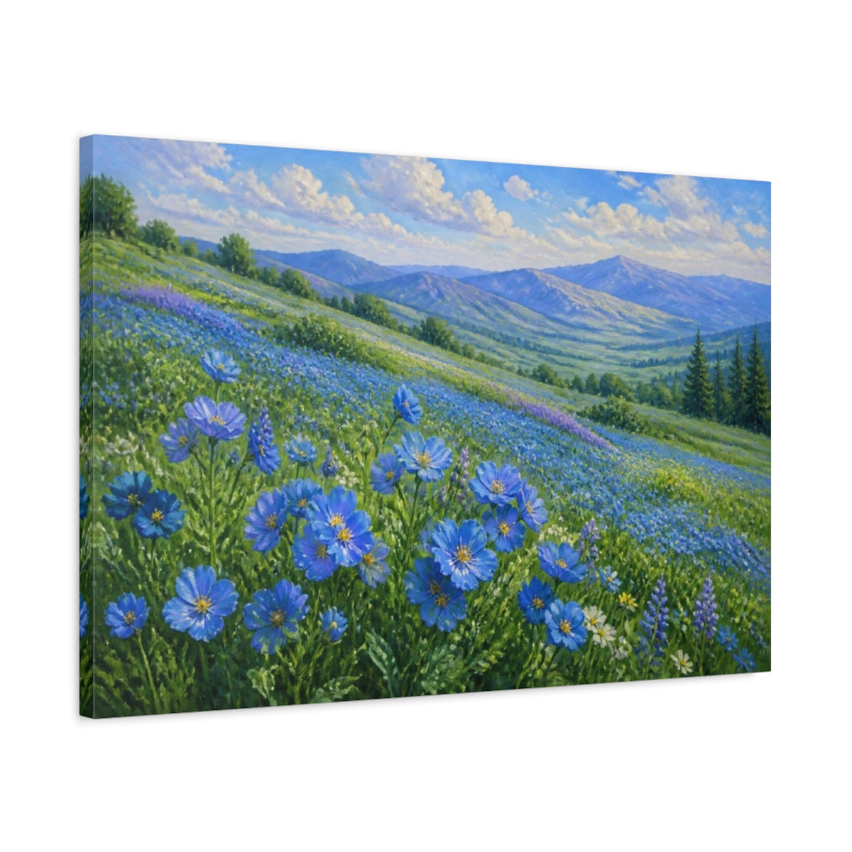 Side Mockup 2. Blue Wildflower Meadow shown as canvas print