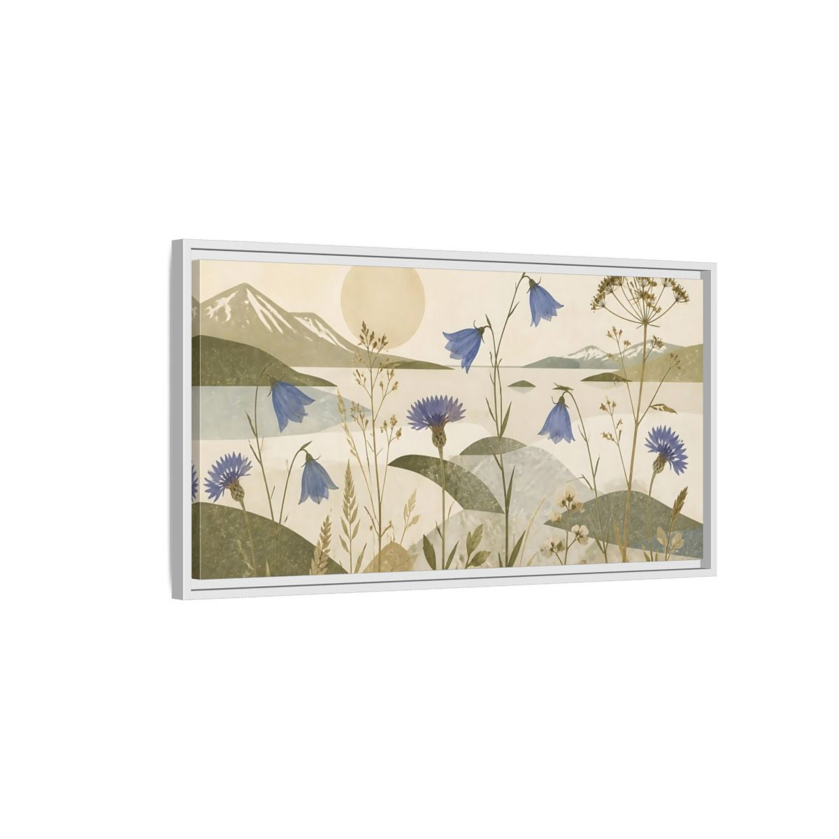 Side Mockup 1. Blue Wildflower Meadow shown as framed canvas print