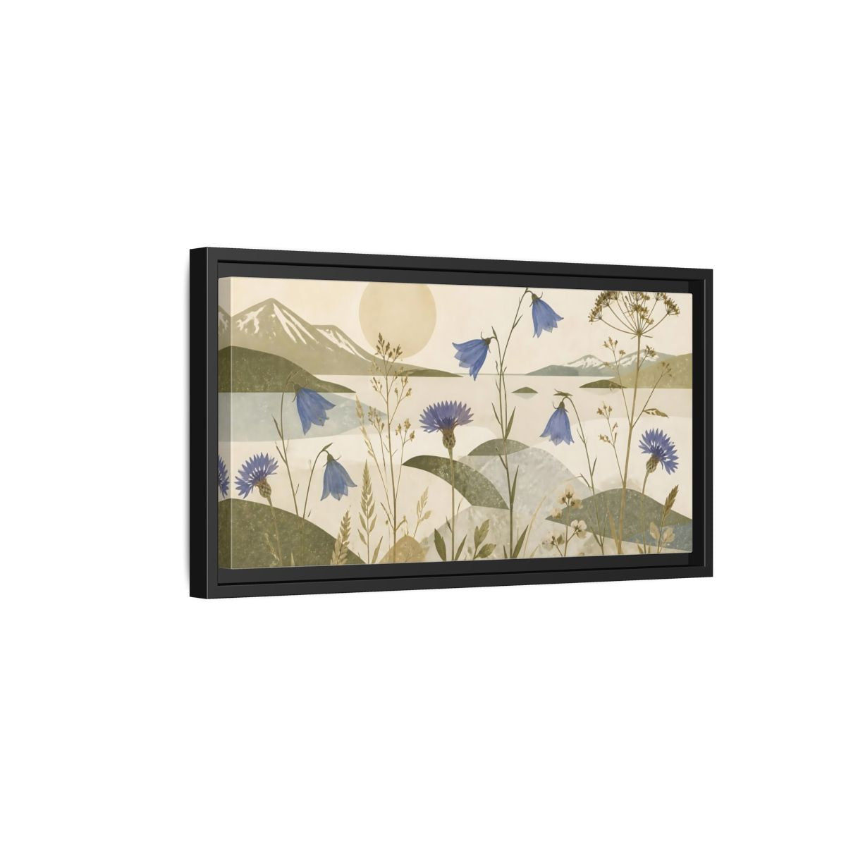 Side Mockup 8. Blue Wildflower Meadow shown as framed canvas print