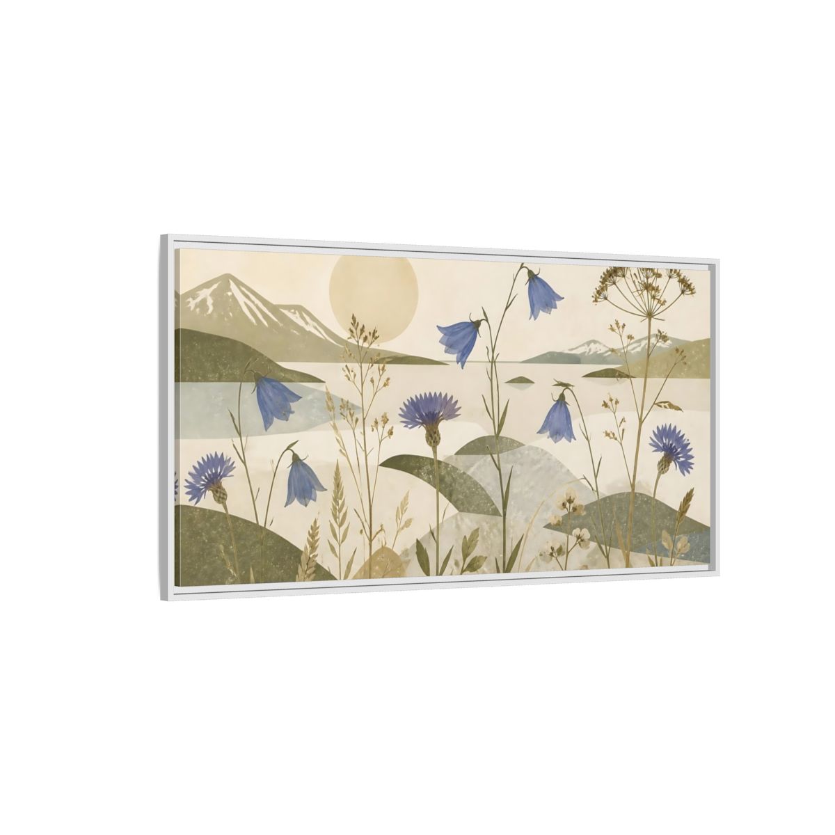 Side Mockup 3. Blue Wildflower Meadow shown as framed canvas print