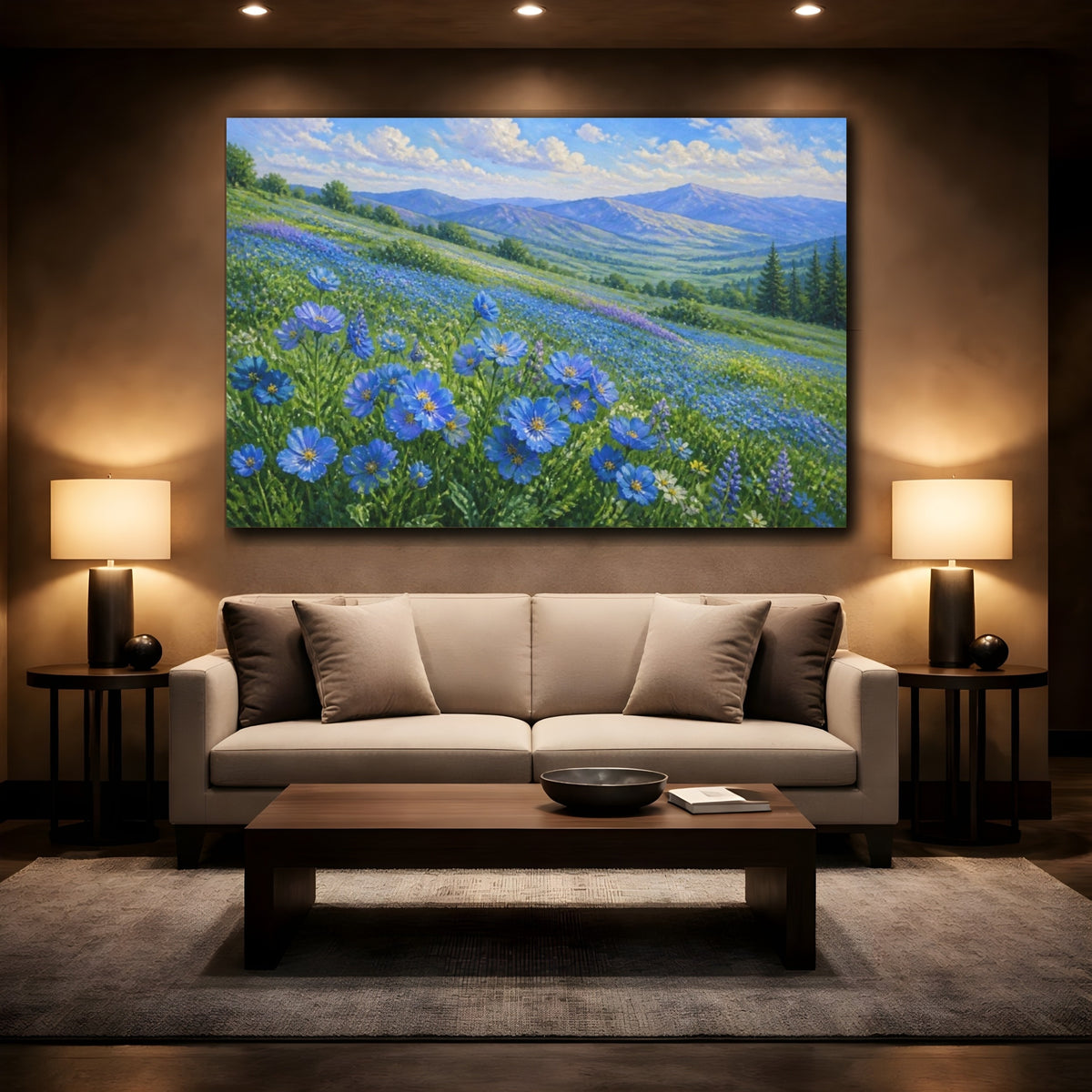 Mockup 2. Blue Wildflower Meadow shown as canvas print