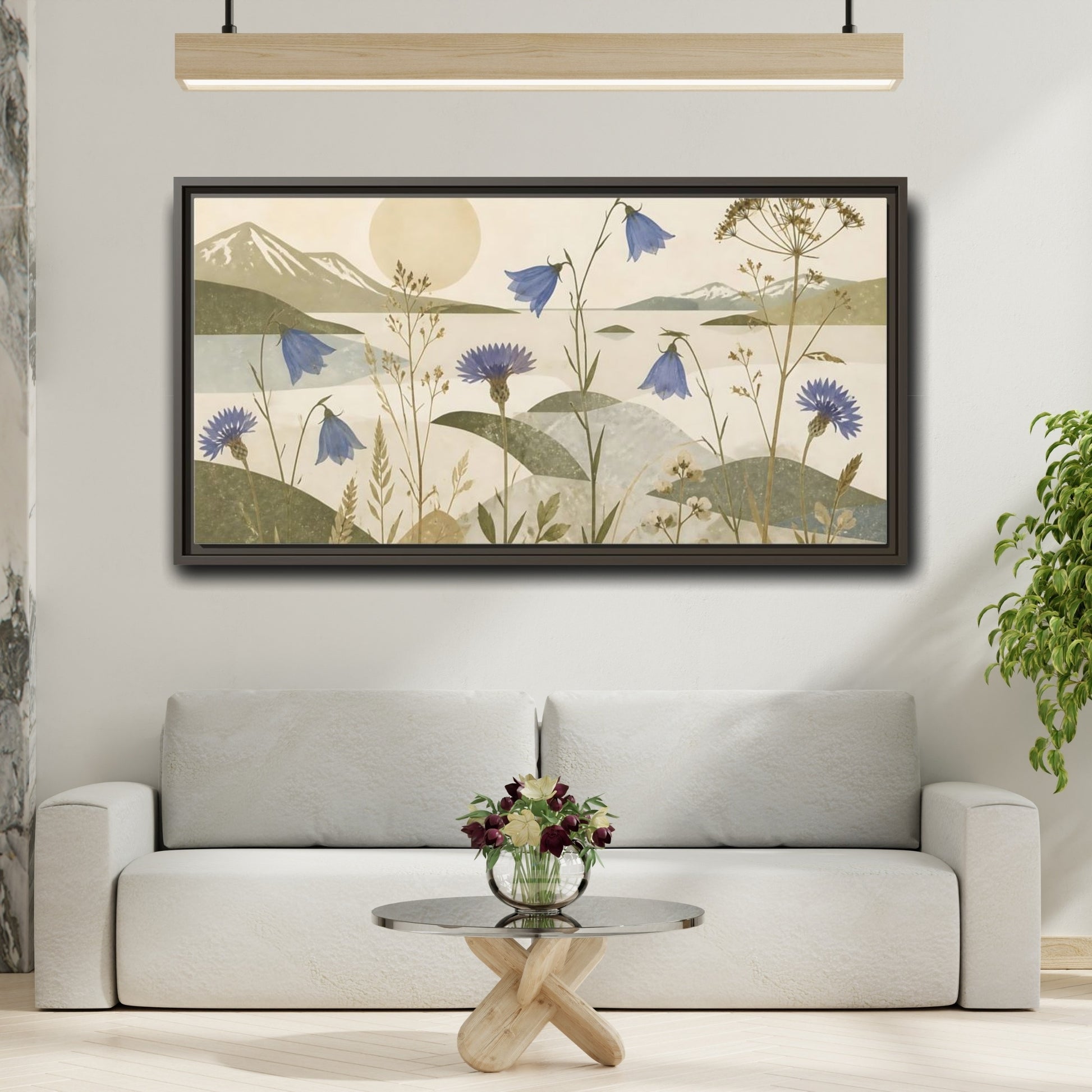 Mockup 2. Blue Wildflower Meadow shown as framed canvas print