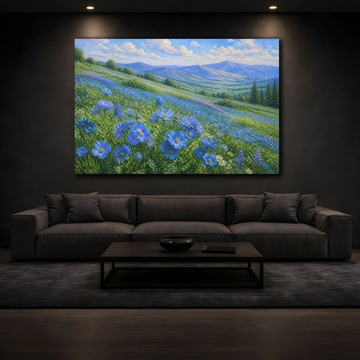 Mockup 3. Blue Wildflower Meadow shown as canvas print