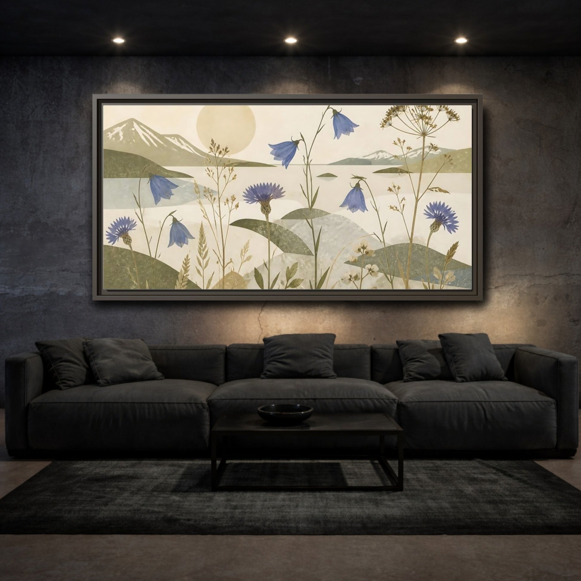 Mockup 3. Blue Wildflower Meadow shown as framed canvas print