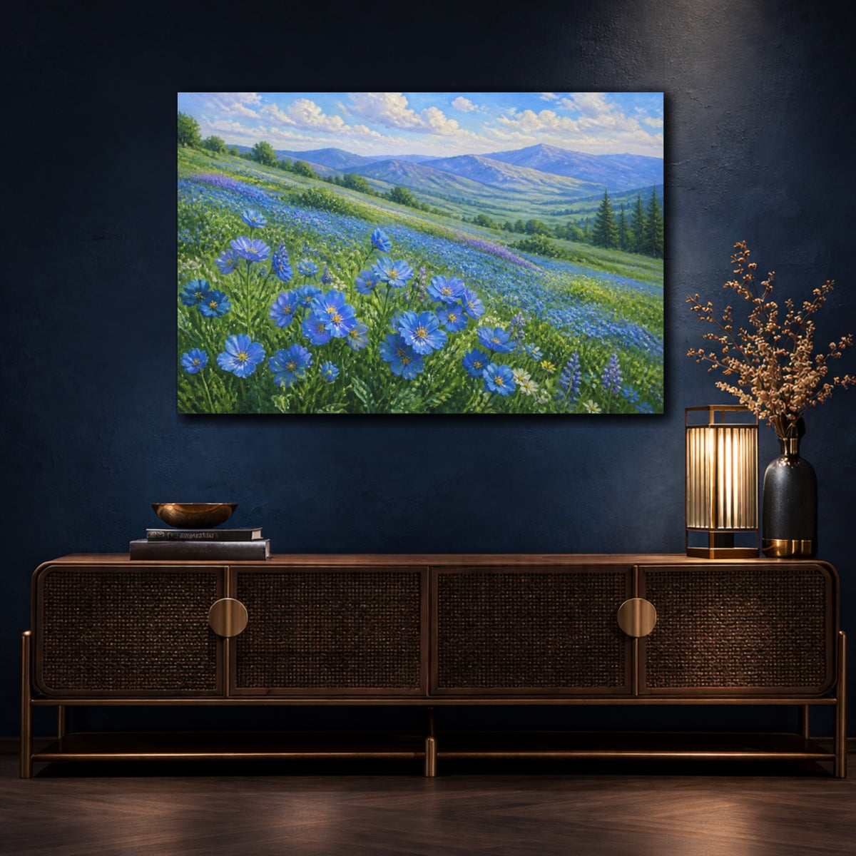 Mockup 4. Blue Wildflower Meadow shown as canvas print