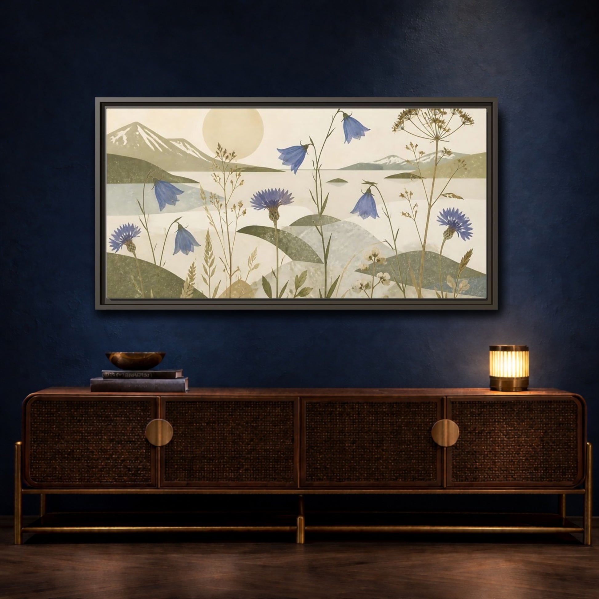 Mockup 4. Blue Wildflower Meadow shown as framed canvas print