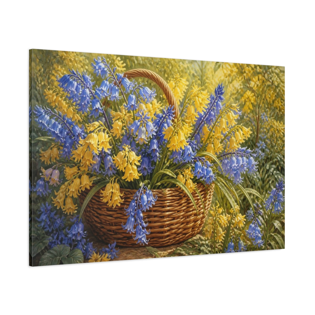 Side Mockup 1. Bluebell Flowers In Basket shown as canvas print