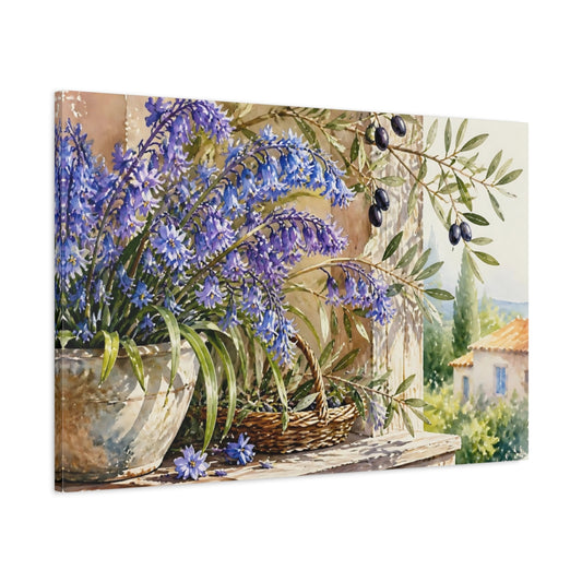 Main Mockup. Bluebell Flowers On Porch shown as canvas print