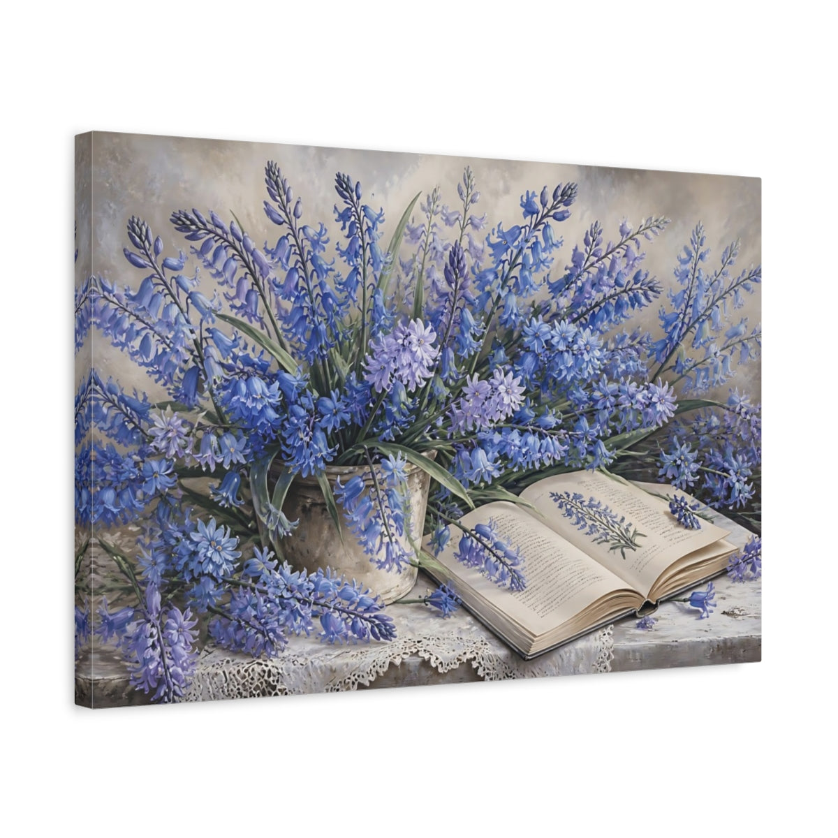 Side Mockup 3. Bluebells Beside Open Book shown as canvas print