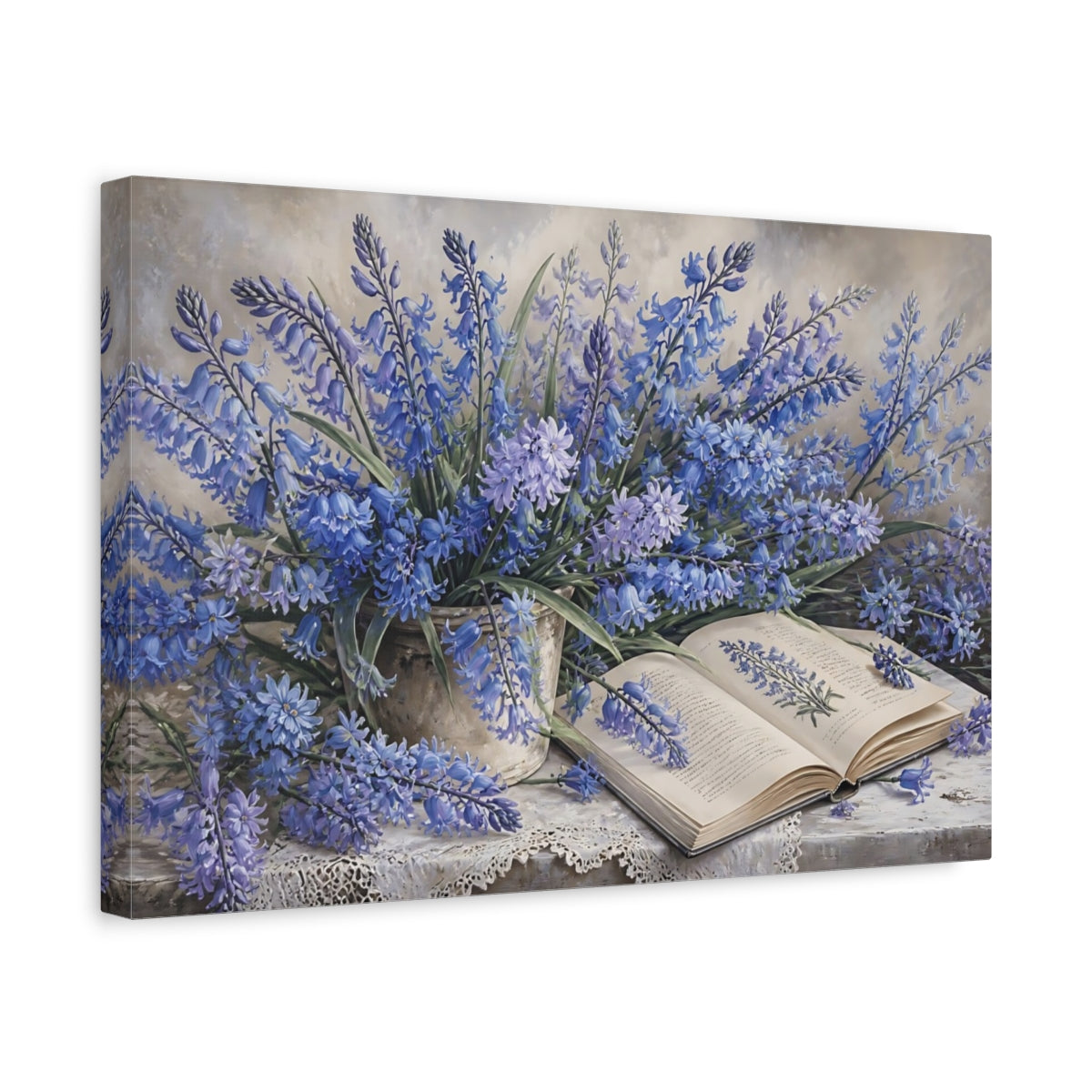 Side Mockup 4. Bluebells Beside Open Book shown as canvas print