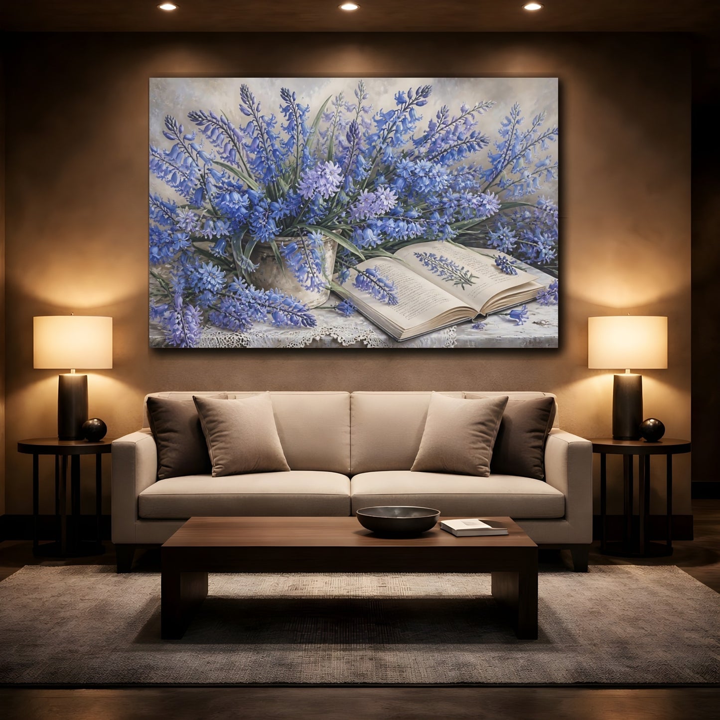 Mockup 2. Bluebells Beside Open Book shown as canvas print