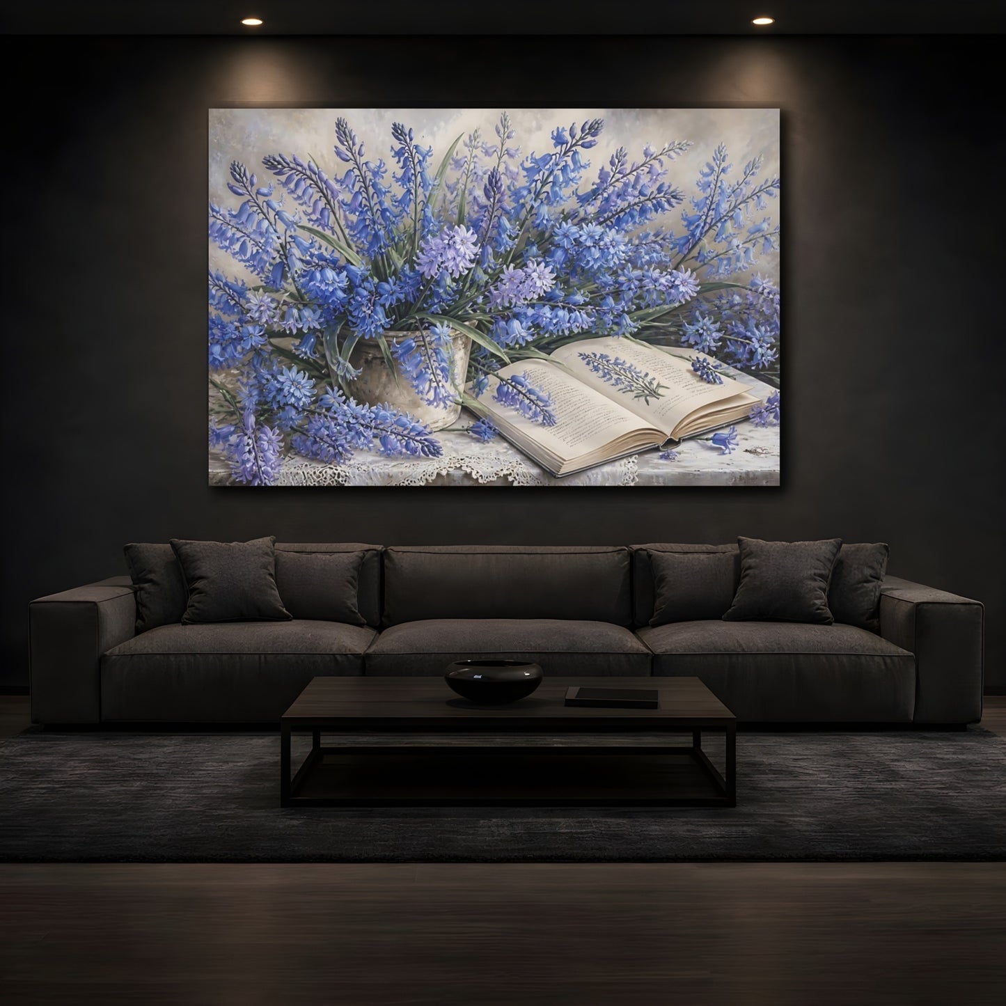 Mockup 3. Bluebells Beside Open Book shown as canvas print