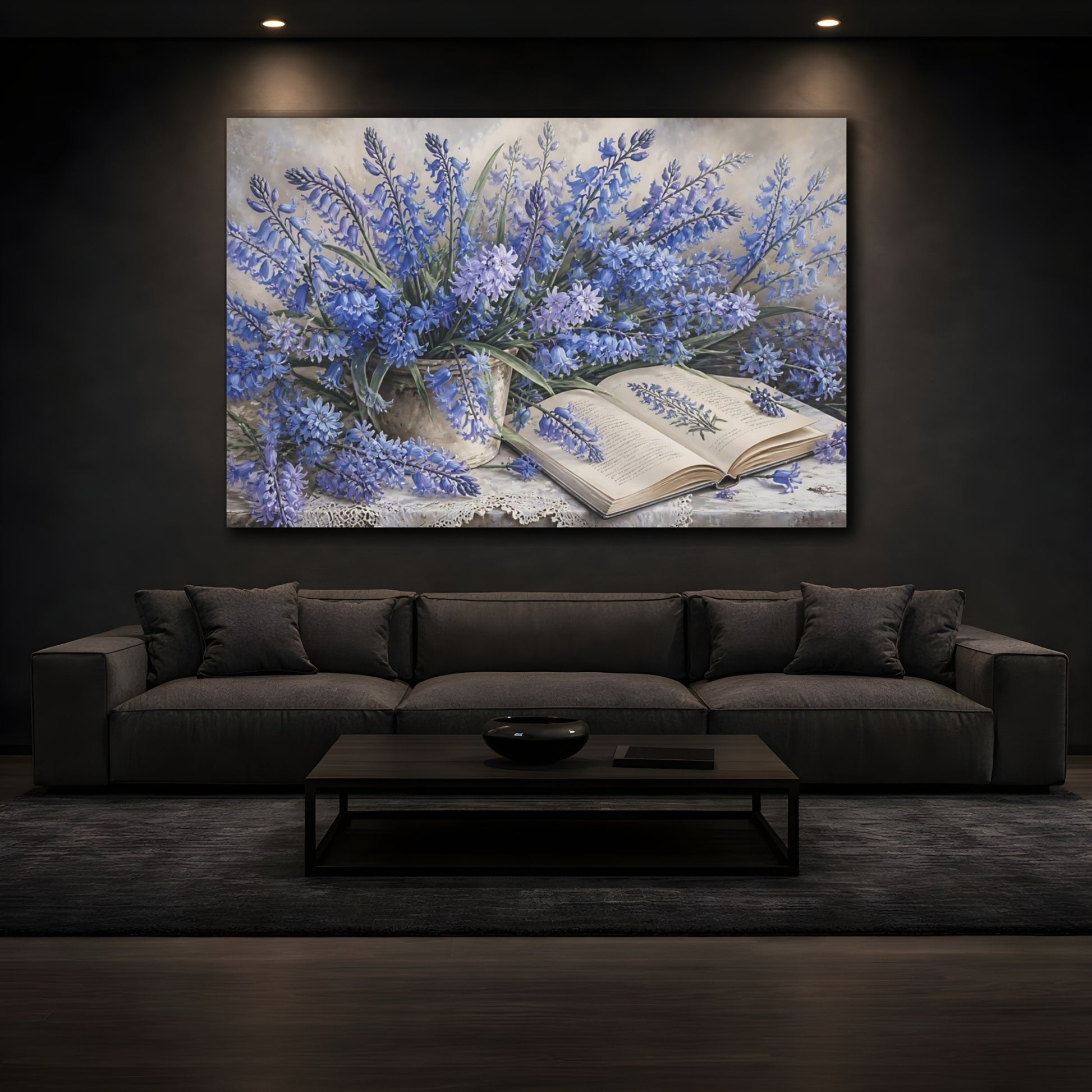 Mockup 3. Bluebells Beside Open Book shown as canvas print