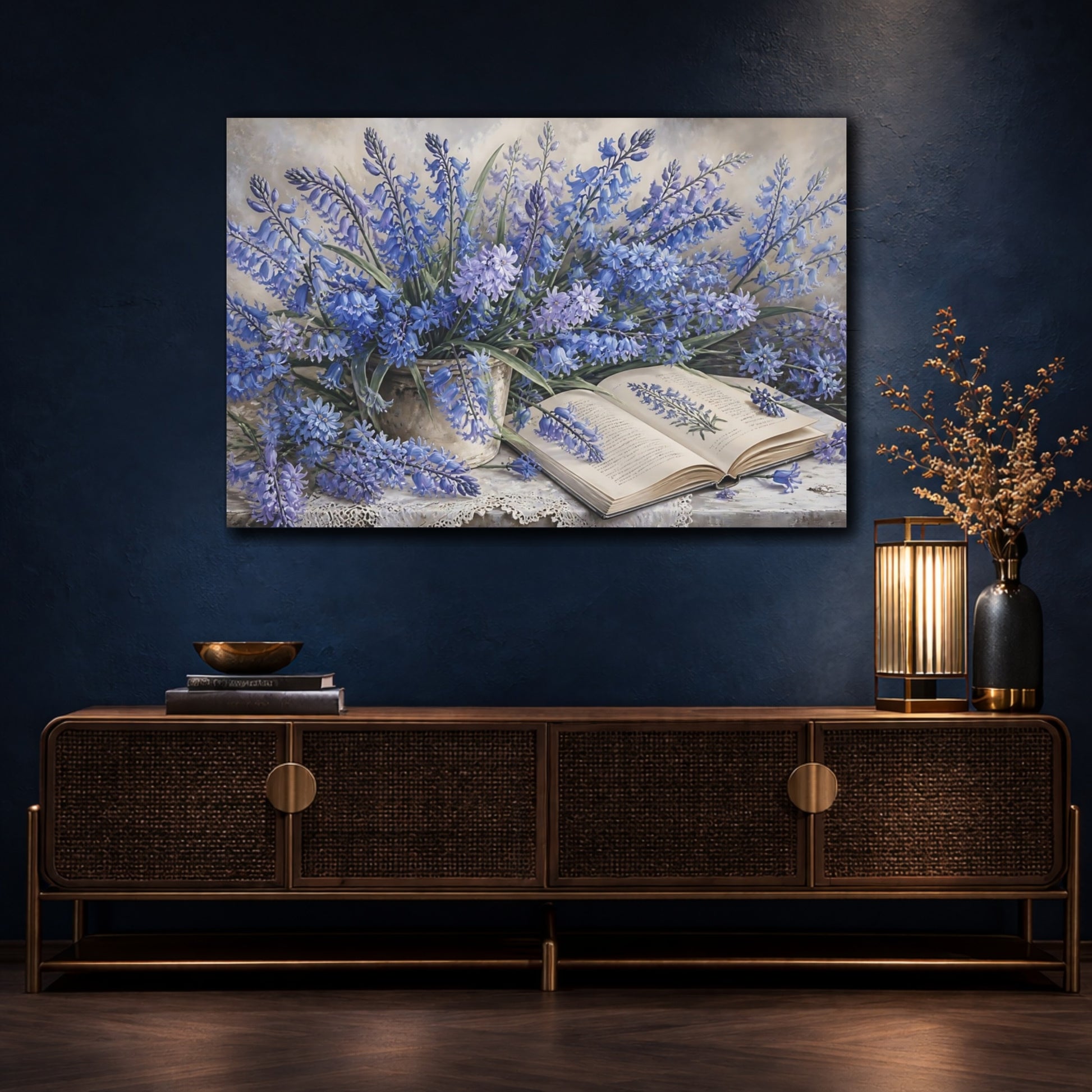 Mockup 4. Bluebells Beside Open Book shown as canvas print