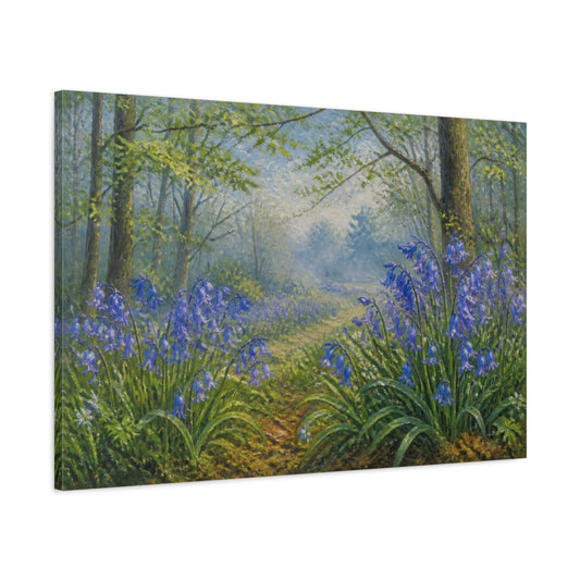 Main Mockup. Bluebells In Misty Woodland shown as canvas print