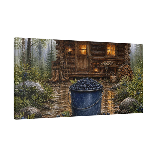 Main Mockup. Blueberry Bucket Cabin shown as canvas print