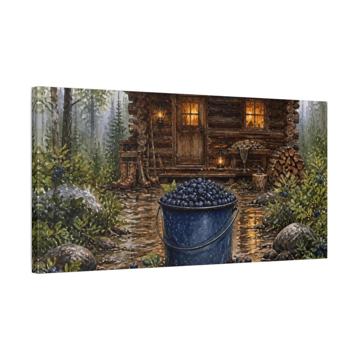 Side Mockup 1. Blueberry Bucket Cabin shown as canvas print
