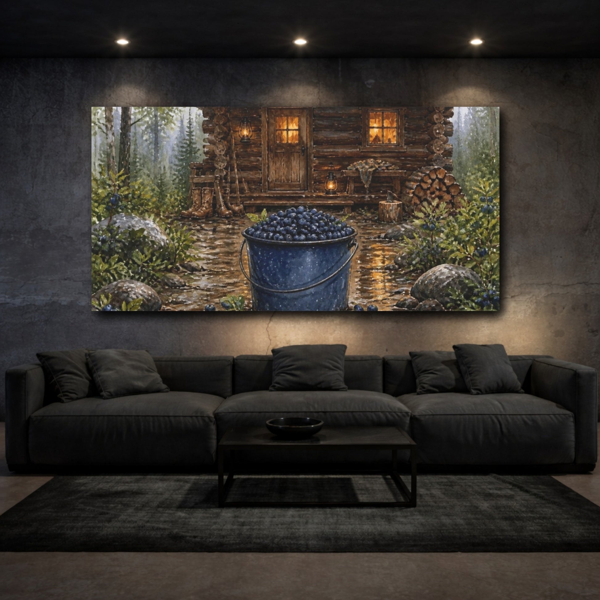 Mockup 3. Blueberry Bucket Cabin shown as canvas print
