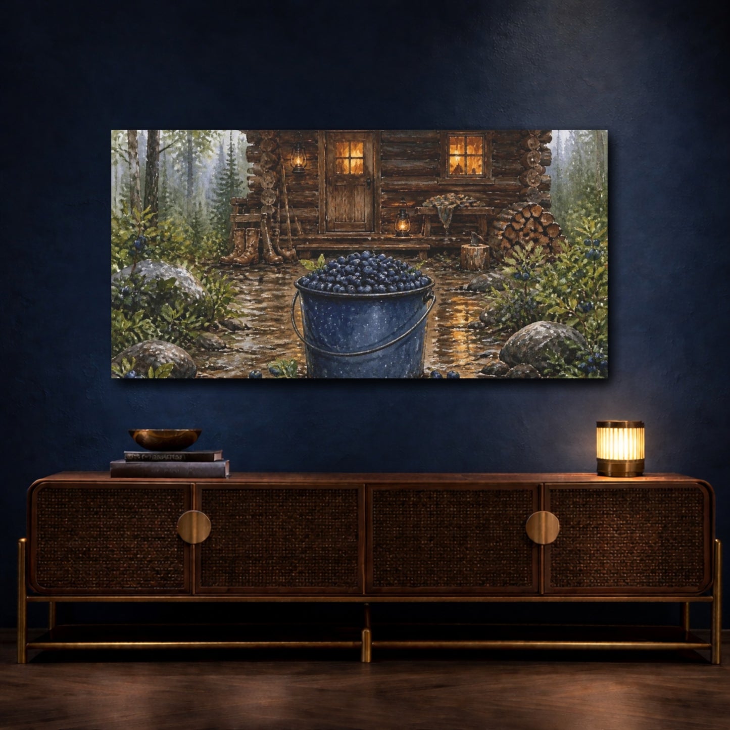 Mockup 4. Blueberry Bucket Cabin shown as canvas print