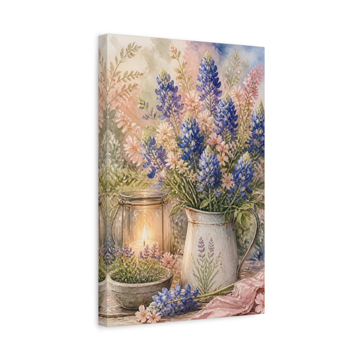 Side Mockup 4. Bluebonnet Floral Bouquet shown as canvas print