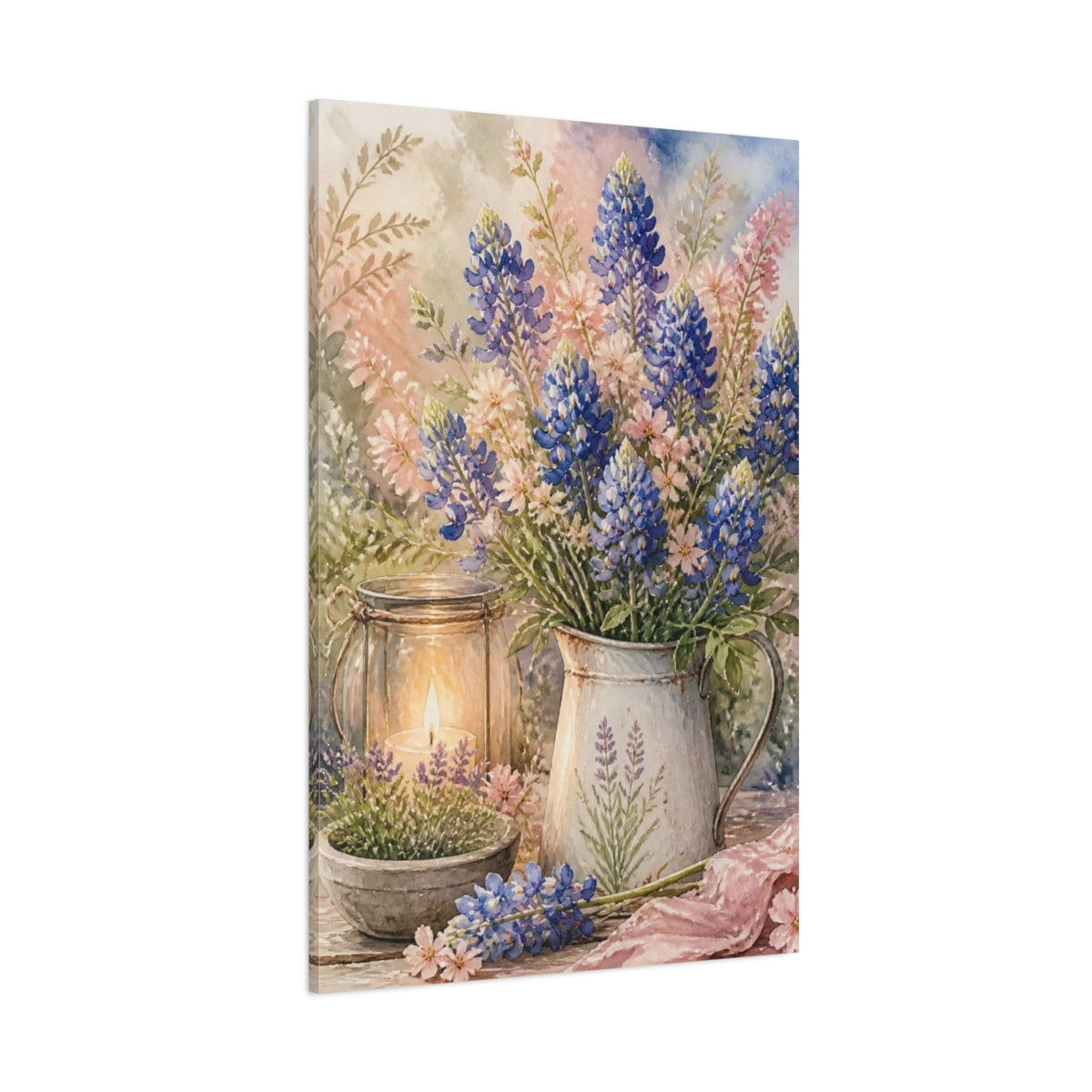 Side Mockup 1. Bluebonnet Floral Bouquet shown as canvas print