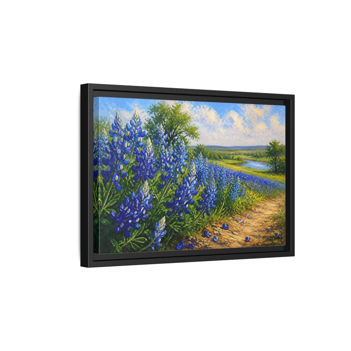 Side Mockup 6. Bluebonnet Flower Field shown as framed canvas print
